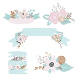 Garabatos florales, hojas, ramas, flores, cintas y banderas fijados ilustración del vector Garabatos florales, hojas, ramas, flores, cintas y banderas fijados ilustración del vector