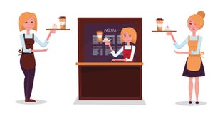 Garçom louro da menina Ajuste de três empregadas de mesa: na saia, na calças, atrás do contador O caráter guarda a bandeja com or ilustração do vetor Garçom louro da menina Ajuste de três empregadas de mesa: na saia, na calças, atrás do contador O caráter guarda a bandeja com or ilustração do vetor