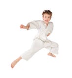 Garçon de karaté dans brancher blanc de kimono d'isolement photographie stock Garçon de karaté dans brancher blanc de kimono d'isolement photographie stock