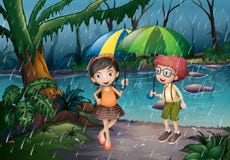 Garçon et fille étant sous la pluie illustration de vecteur Garçon et fille étant sous la pluie illustration de vecteur