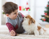 Garçon heureux et chien de petit enfant à Noël photo stock Garçon heureux et chien de petit enfant à Noël photo stock