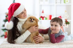 Garçon heureux, mère et chien de petit enfant à Noël images stock Garçon heureux, mère et chien de petit enfant à Noël images stock