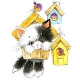 Gato y pájaro embrome el fondo para celebran festival y la fiesta de cumpleaños watercolor libre illustration Gato y pájaro embrome el fondo para celebran festival y la fiesta de cumpleaños watercolor libre illustration