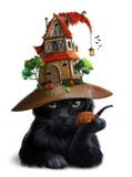 Gatto nero e cappello-casa Illustrazione dell'acquerello illustrazione di stock Gatto nero e cappello-casa Illustrazione dell'acquerello illustrazione di stock