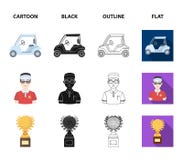 Gebied met een gat en een vlag, een golfbal, een golfspeler, een elektrische golfkar Pictogrammen van de golfclub de vastgestelde stock illustratie Gebied met een gat en een vlag, een golfbal, een golfspeler, een elektrische golfkar Pictogrammen van de golfclub de vastgestelde stock illustratie