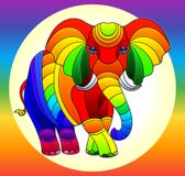 Gebrandschilderd glasillustratie met heldere regenboog leuke olifant op een regenboogachtergrond stock illustratie Gebrandschilderd glasillustratie met heldere regenboog leuke olifant op een regenboogachtergrond stock illustratie