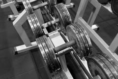 Gebruikte metaaldomoren op een rek in een gymnastiek Sport en fitness materiaal royalty-vrije stock foto's Gebruikte metaaldomoren op een rek in een gymnastiek Sport en fitness materiaal royalty-vrije stock foto's