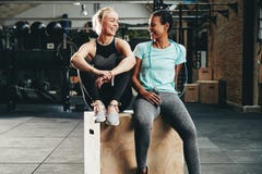 Geeignete junge Freundinnen, die zusammen nach einem Turnhallentraining lachen stockfoto Geeignete junge Freundinnen, die zusammen nach einem Turnhallentraining lachen stockfoto