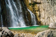 The Gega waterfall. The most famous and largest waterfall in Abkhazia. Georgia royalty free stock images The Gega waterfall. The most famous and largest waterfall in Abkhazia. Georgia royalty free stock images