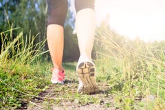 Gehende oder laufende Beine im Wald, im Abenteuer und im Trainieren