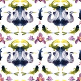 Gek Aziatisch patroon, waterverfdruk in Japanse stijl met reiger, vissen en orchideeën stock illustratie Gek Aziatisch patroon, waterverfdruk in Japanse stijl met reiger, vissen en orchideeën stock illustratie
