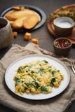 Gekrochene Eier mit Spinat, Tasse Tee auf dunkelbraunem Hintergrund vertikal Frühstück mit Pan-gebratenem Omelett, Seitenansicht, stockbild Gekrochene Eier mit Spinat, Tasse Tee auf dunkelbraunem Hintergrund vertikal Frühstück mit Pan-gebratenem Omelett, Seitenansicht, stockbild