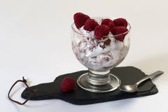 Gelado em um vidro de vidro em um pé com framboesa imagens de stock Gelado em um vidro de vidro em um pé com framboesa imagens de stock