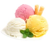 Gelado: Três sabores do gelado com o waffle na placa fotos de stock Gelado: Três sabores do gelado com o waffle na placa fotos de stock