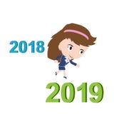 Gelukkige bedrijfsvrouw die vanaf 2018 tot 2019, het nieuwe concept van het jaarsucces lopen, Royalty-vrije Stock Foto
