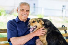 Gelukkige die hond tegen zijn meester wordt gedrukt De hond toont zijn liefde voor eigenaar terwijl het rusten in park royalty-vrije stock foto's Gelukkige die hond tegen zijn meester wordt gedrukt De hond toont zijn liefde voor eigenaar terwijl het rusten in park royalty-vrije stock foto's