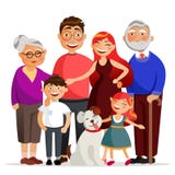 Gelukkige familie die samen bevinden zich koesterend, het glimlachen Moeder, vader, dochter en zoon en oma en grootvader Familie royalty-vrije illustratie Gelukkige familie die samen bevinden zich koesterend, het glimlachen Moeder, vader, dochter en zoon en oma en grootvader Familie royalty-vrije illustratie
