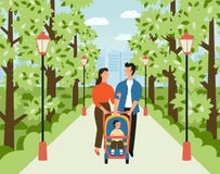 Gelukkige familie met babywandelwagen in het park De man, de vrouw en het kind lopen langs de steeg in de stadstuin vlak vectorbe vector illustratie Gelukkige familie met babywandelwagen in het park De man, de vrouw en het kind lopen langs de steeg in de stadstuin vlak vectorbe vector illustratie