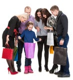Gelukkige groep winkelende mensen die zakken houden stock afbeelding Gelukkige groep winkelende mensen die zakken houden stock afbeelding