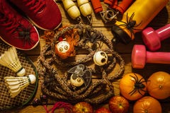 Gelukkige Halloween-dag met Geschiktheid, Oefening, gezond Uitwerken stock afbeelding Gelukkige Halloween-dag met Geschiktheid, Oefening, gezond Uitwerken stock afbeelding