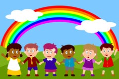 Gelukkige Jonge geitjes met Regenboog royalty-vrije illustratie Gelukkige Jonge geitjes met Regenboog royalty-vrije illustratie