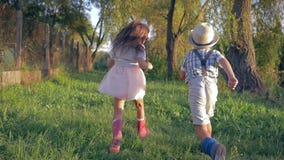 Gelukkige kinderjaren, achtermening weinig jongen en meisje die samen in platteland lopen stock footage Gelukkige kinderjaren, achtermening weinig jongen en meisje die samen in platteland lopen stock footage