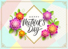 Gelukkige moeder` s dag - Groetkaart De groet en de bloemen van de borstelkalligrafie op patroonachtergrond Stock Afbeeldingen Gelukkige moeder` s dag - Groetkaart De groet en de bloemen van de borstelkalligrafie op patroonachtergrond Stock Afbeeldingen