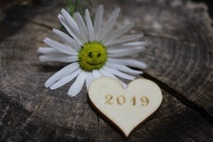Gelukkige nieuwe jaargroeten met een het lachen bloem en een houten hart stock fotografie Gelukkige nieuwe jaargroeten met een het lachen bloem en een houten hart stock fotografie