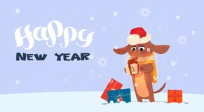 Gelukkige Nieuwjaar 2018 Achtergrond met Leuke Hond die Santa Hat dragen vector illustratie Gelukkige Nieuwjaar 2018 Achtergrond met Leuke Hond die Santa Hat dragen vector illustratie