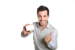 Gelukkige zakenman die een lege kaart tonen stock afbeelding Gelukkige zakenman die een lege kaart tonen stock afbeelding