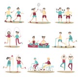Gemensamma sportaktiviteter, ungdomarsom har gyckel tillsammans Aktiv livsstil, sportunderh?llning utomhus Upps?ttningen av poser royaltyfri illustrationer Gemensamma sportaktiviteter, ungdomarsom har gyckel tillsammans Aktiv livsstil, sportunderh?llning utomhus Upps?ttningen av poser royaltyfri illustrationer
