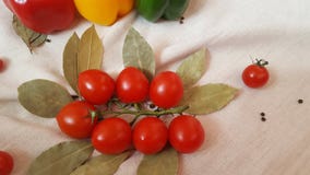 Gemüsepaprika von verschiedenen Farben, von Tomaten und von Lorbeerblatt lizenzfreie stockfotografie Gemüsepaprika von verschiedenen Farben, von Tomaten und von Lorbeerblatt lizenzfreie stockfotografie
