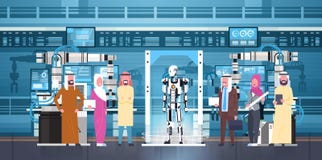 Gens d'affaires arabes de groupe de production de robot à l'industrie robotique d'usine moderne, concept d'intelligence artificie illustration libre de droits Gens d'affaires arabes de groupe de production de robot à l'industrie robotique d'usine moderne, concept d'intelligence artificie illustration libre de droits