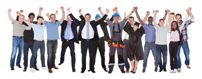 Gente emocionada con diversos empleos que celebra éxito foto de archivo Gente emocionada con diversos empleos que celebra éxito foto de archivo