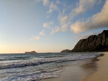 Gentle wave lap on Waimanalo Beach looking towards Rabbit island royalty free stock images Gentle wave lap on Waimanalo Beach looking towards Rabbit island royalty free stock images