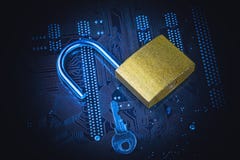 Geopend hangslot met een sleutel op computermotherboard Internet-de informatiebeveiligingsconcept van de gegevensprivacy Blauw ge stock foto's Geopend hangslot met een sleutel op computermotherboard Internet-de informatiebeveiligingsconcept van de gegevensprivacy Blauw ge stock foto's