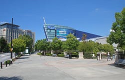 Georgia Aquarium en de stad in stock foto Georgia Aquarium en de stad in stock foto