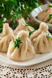 Georgian dumplings - Khinkali Chinkali with minced meat and herbs stock photography Georgian dumplings - Khinkali Chinkali with minced meat and herbs stock photography