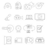 Geplaatste de pictogrammen van verschillende media, dunne lijnstijl stock illustratie Geplaatste de pictogrammen van verschillende media, dunne lijnstijl stock illustratie