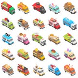 Geplaatste het vervoerpictogrammen van de voedselvrachtwagen, isometrische stijl vector illustratie Geplaatste het vervoerpictogrammen van de voedselvrachtwagen, isometrische stijl vector illustratie
