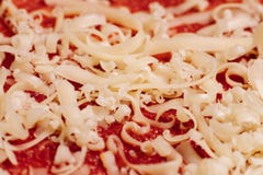 Geraspte kaas voor pizza dicht omhoog op ketchup met een laag bedekt deeg stock afbeelding Geraspte kaas voor pizza dicht omhoog op ketchup met een laag bedekt deeg stock afbeelding