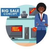 Gerente na loja com tevês, computadores, portáteis, impressoras, monitores O vendedor na loja elétrica detalhado ilustração royalty free Gerente na loja com tevês, computadores, portáteis, impressoras, monitores O vendedor na loja elétrica detalhado ilustração royalty free