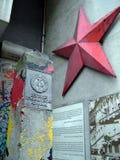 German Democratic Republic Sign And Red Star, Column And Berlin Wall Portion Near Checkpoint Charlie Between East And West Sectors Stock Photo German Democratic Republic Sign And Red Star, Column And Berlin Wall Portion Near Checkpoint Charlie Between East And West Sectors Stock Photo