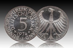 Germany german coin five 5 marks, circulation coin, small change, minted 1974, background gradient royalty free stock image Germany german coin five 5 marks, circulation coin, small change, minted 1974, background gradient royalty free stock image