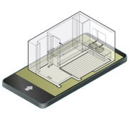 Geschetste badkamers met houten vloer in mobiele telefoon Bijlage van de draad de isometrische douche royalty-vrije illustratie Geschetste badkamers met houten vloer in mobiele telefoon Bijlage van de draad de isometrische douche royalty-vrije illustratie
