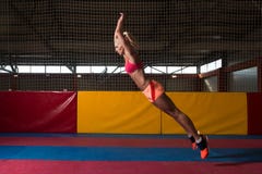 Geschiktheidsvrouw die Vérspringen in Gymnastiek uitvoeren stock afbeelding Geschiktheidsvrouw die Vérspringen in Gymnastiek uitvoeren stock afbeelding