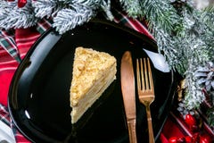 Geschmackvolle Nachtischnahrung im Abschluss oben Nachtisch diente auf Schwarzblech, verzierte Tannenzweige lizenzfreie stockfotografie Geschmackvolle Nachtischnahrung im Abschluss oben Nachtisch diente auf Schwarzblech, verzierte Tannenzweige lizenzfreie stockfotografie