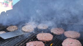 Geschmackvoller Fleischburger auf dem Grill Hamburger kochend, flammen Sie gegrilltes hosper Fleischschweinefleischrindfleisch-Ha stock video footage Geschmackvoller Fleischburger auf dem Grill Hamburger kochend, flammen Sie gegrilltes hosper Fleischschweinefleischrindfleisch-Ha stock video footage