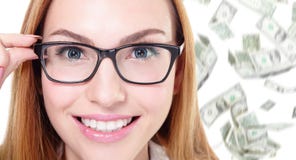 Geschäftsfrau-Notenaugengläser mit Geld Stockbilder Geschäftsfrau-Notenaugengläser mit Geld Stockbilder