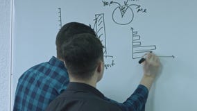 Geschäftsmann, der eine Funktion schreibt und seine Ideen auf weißes Brett während einer Darstellung setzt Teilen von Geschäftsid stock video Geschäftsmann, der eine Funktion schreibt und seine Ideen auf weißes Brett während einer Darstellung setzt Teilen von Geschäftsid stock video